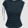 Asymmetrical Neck Bowknot Cinched Waist Top in Navy Blue Front View for Women | Littlebox India