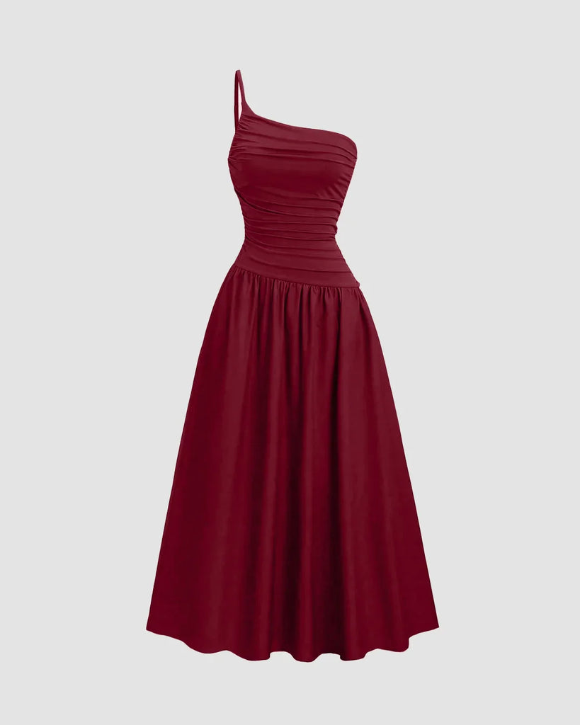 Maroon midi dress featuring a one-shoulder neckline and ruched bodice, exuding bold energy with elegant flair