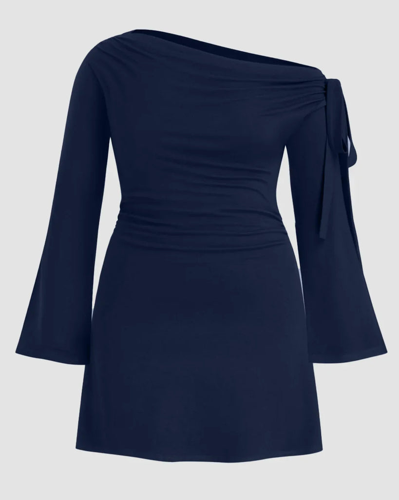 Asymmetrical Neck Knotted Ruched Mini Dress Curve & Plus in Navy Blue