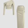 Asymmetrical Neck Long Sleeve Crop Top & Mid Rise Ruched Maxi Skirt In Light Gold Front View For Women | Littlebox India