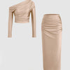 Asymmetrical Neck Long Sleeve Crop Top & Mid Rise Ruched Maxi Skirt In Peach Front View For Women | Littlebox India