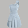 Front view of ice blue asymmetrical neck mini dress with ruched bodice and flared hem, stylish blue short dress.