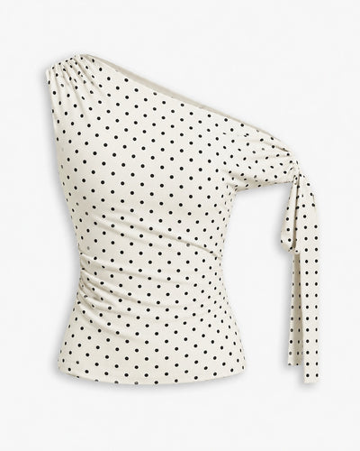 Asymmetrical Neck Polka Dot Ruched Knotted Top in Classic White Front View for Women | Littlebox India