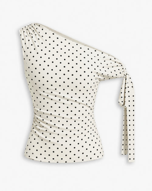 Asymmetrical Neck Polka Dot Ruched Knotted Top in Classic White Front View for Women | Littlebox India