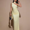 Front view of mesh dress for women with asymmetrical neckline, ruched bodycon fit and scarf detail in a sleek maxi silhouette.
