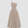 Asymmetrical Neck Ruched Flared Beige Midi Dress Front View for Women | Littlebox India