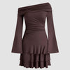 Brown asymmetrical mini dress with ruffled sleeves and ruched layered design.
