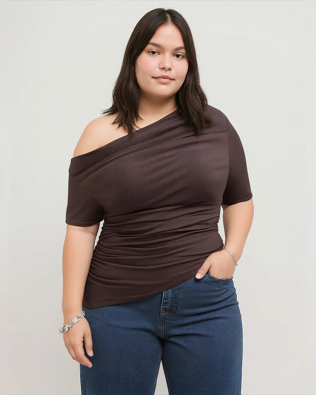 Plus Size Ruched Sleeve T Shirt Asymmetrical Neck Ruched Short