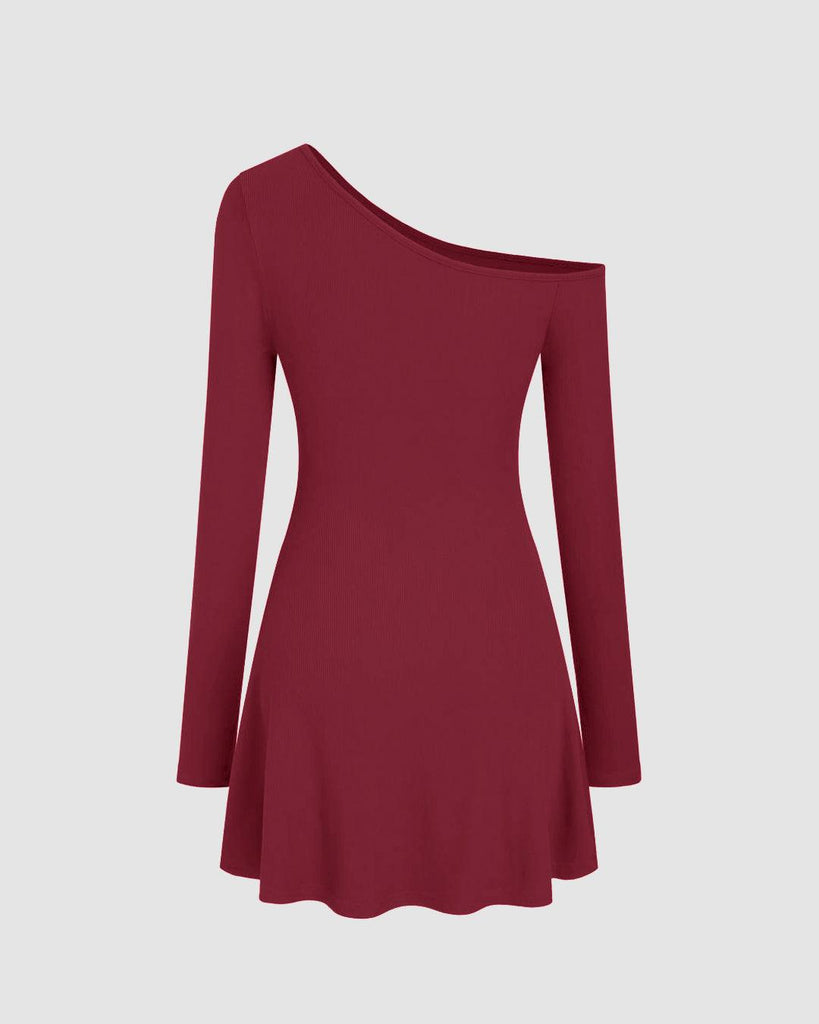 maroon mini dress featuring an asymmetrical neckline and long sleeves back view