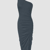 Asymmetrical Neck Sleeveless Slit Maxi Dress in Grey Front View for Women | Littlebox India