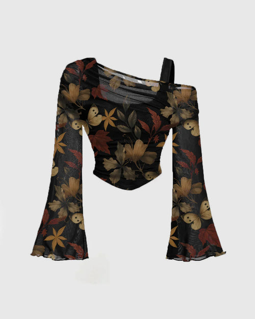 Front view of Floral top for girls with an asymmetrical neckline, slim fit bodice, straight hem, and flared sleeves for a trendy look.