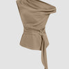 Asymmetrical Neck Top with Metal Detail in Brown Front View for Women | Littlebox India