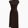 Asymmetrical Neck Twist Split Midi Dress in Coffee Front View for Women | Littlebox India