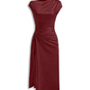 Asymmetrical Neck Twist Split Midi Dress in Red Front View for Women | Littlebox India