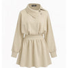 Front view of Beige asymmetrical neckline ruched A-line mini dress with long sleeves and softly flared skirt silhouette