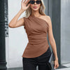 Asymmetrical One Shoulder Ruched Mocha Top Front View For Women | Littlebox India