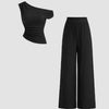 Asymmetrical Ribbed Co-Ord Set in Black Front View For Women | Littlebox India