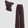 Asymmetrical Ribbed Co-Ord Set in Brown Front View For Women | Littlebox India