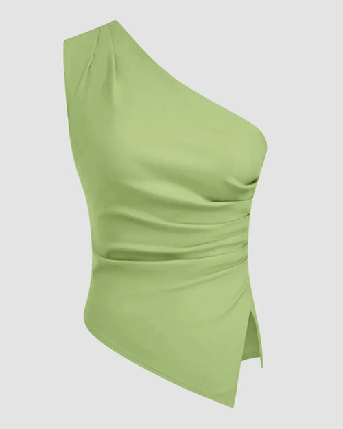 Front view of Light green ruched tank top for women with asymmetrical cut and side split, fitted silhouette