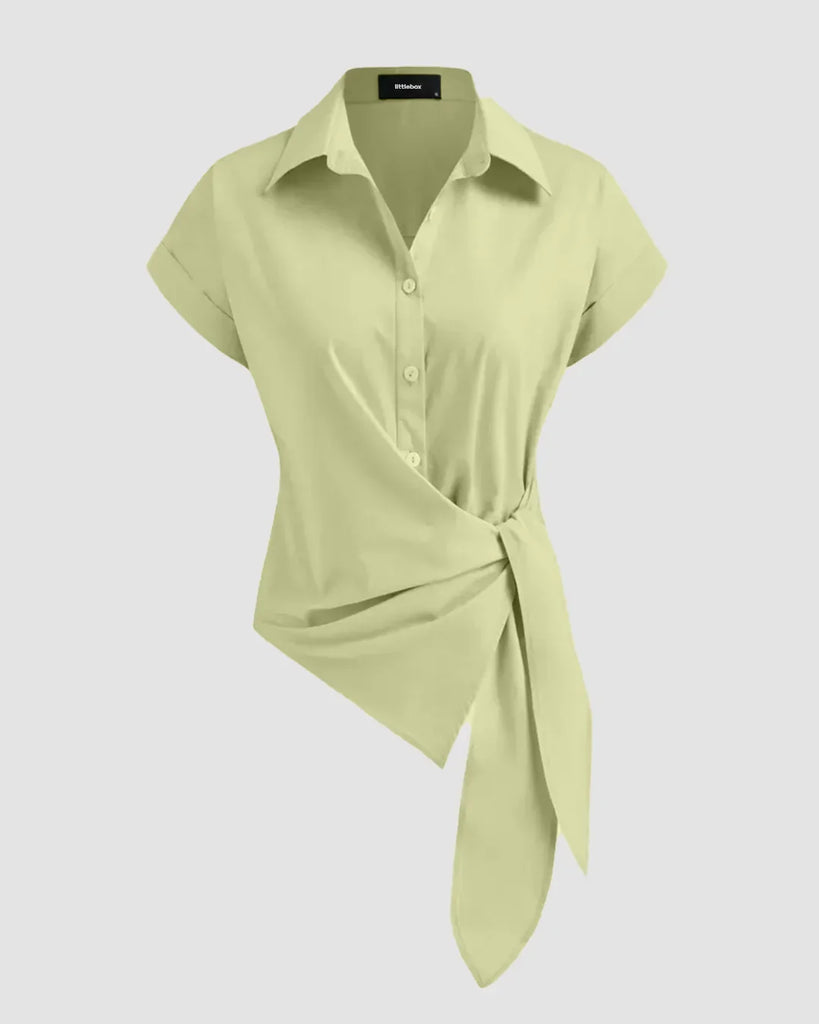 Women's green polo shirt with a front knot, featuring an asymmetrical tie waist design in herbal color.
