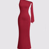 burgundy mermaid maxi dress featuring a stretchy fabric with an asymmetrical twist knot design