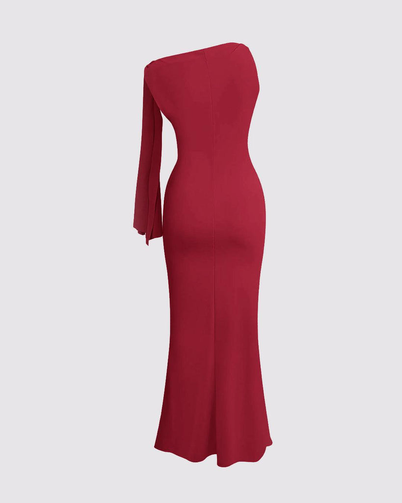 back view of burgundy mermaid maxi dress featuring a stretchy fabric with an asymmetrical twist knot design