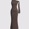 burgundy mermaid maxi dress featuring a stretchy fabric with an asymmetrical twist knot design in coco brown