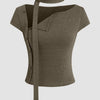 Front view of green colour top for women with asymmetrical neckline, cap sleeves and fitted silhouette with tie detail.