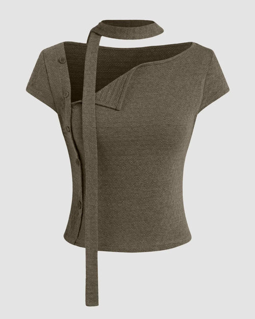 Front view of green colour top for women with asymmetrical neckline, cap sleeves and fitted silhouette with tie detail.