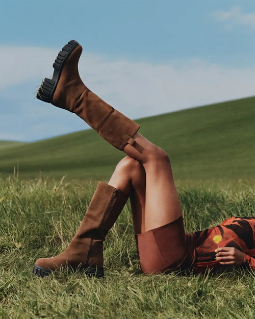 Brown Chunky Sole Knee High Long Biker Boot