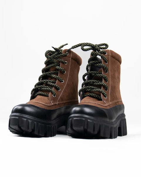 Brown Chunky Lace-Up Ankle Boots with Contrast Toe