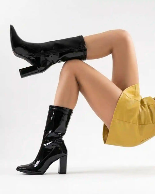 Block Heel Front Zip Solid Mid-Calf Boots in Black