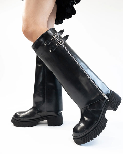 Women Black Wide Calf Knee High Chunky Low Heel Riding Boot