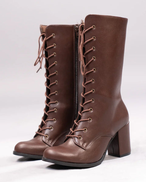 Lace-Up Slim Fit Solid Knee-High Block Heel Boots in Coffee