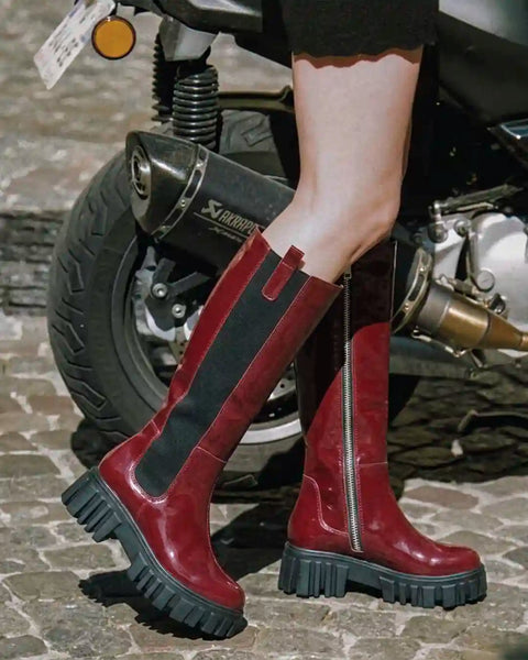 Burgundy Patent Slip-On Mid Calf Pull On Riding Boots