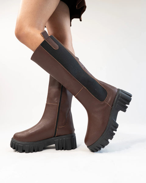 Dark Brown Patent Slip-On Mid Calf Pull On Riding Boots