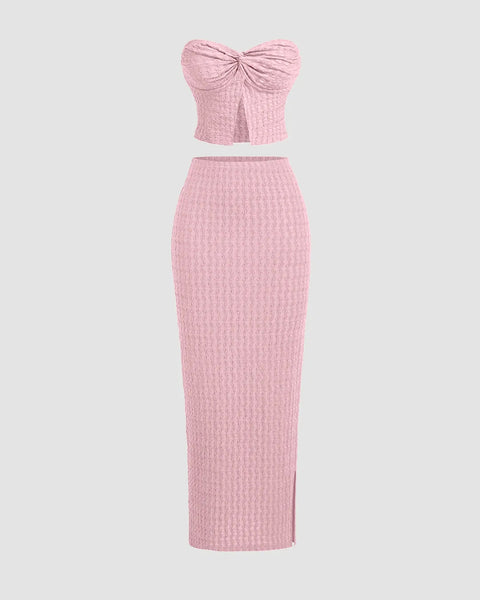 Baby Pink Knitted Two-Piece Set with Strapless Top and Fitted Skirt Front View For Women | Littlebox India