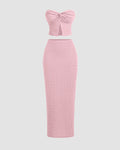 Baby Pink Knitted Two-Piece Set with Strapless Top and Fitted Skirt