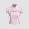 Baby Pink Puff Sleeve Bow Detail Shirt Top Front View for Women | Littlebox India