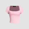 Baby Pink Ribbed Square Neck Lace Trim Top Front View for Women | Littlebox India