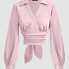 Baby Pink Wrap Style Collar Full Sleeve Top with Tie Waist Back View for Women | Littlebox India