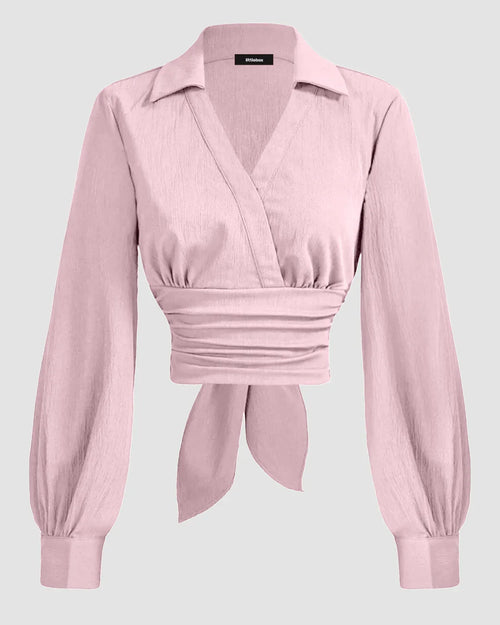 Baby Pink Wrap Style Collar Full Sleeve Top with Tie Waist