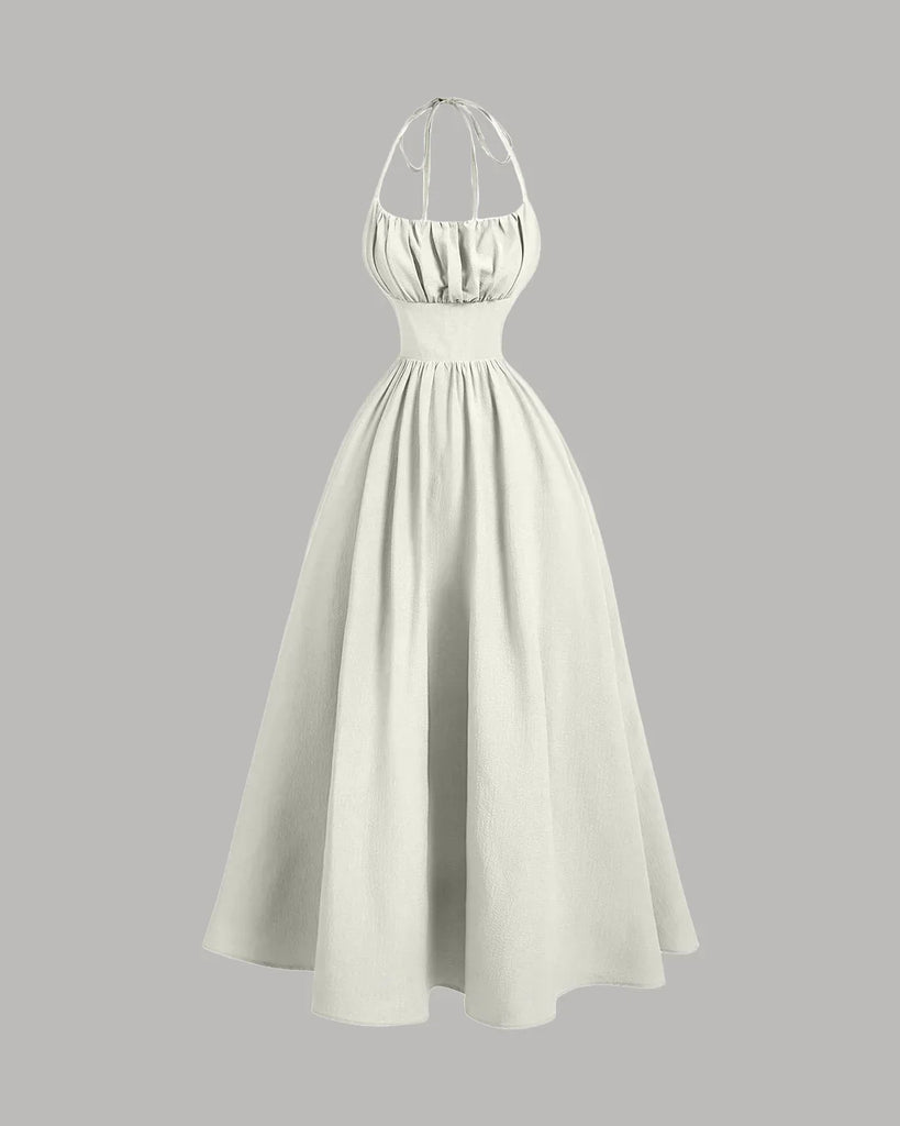 Cream halter-neck midi dress with a back tie and gathered detailing for a soft, elegant drape.