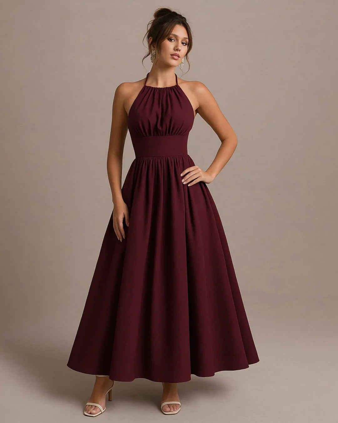 slim fit dress slacks Halter Neck Gathered Midi Dress in Maroon