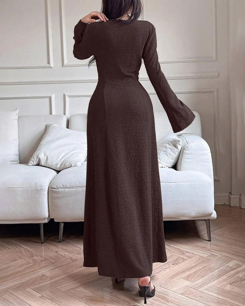 Long Sleeve Casual Long Dress In Brown
