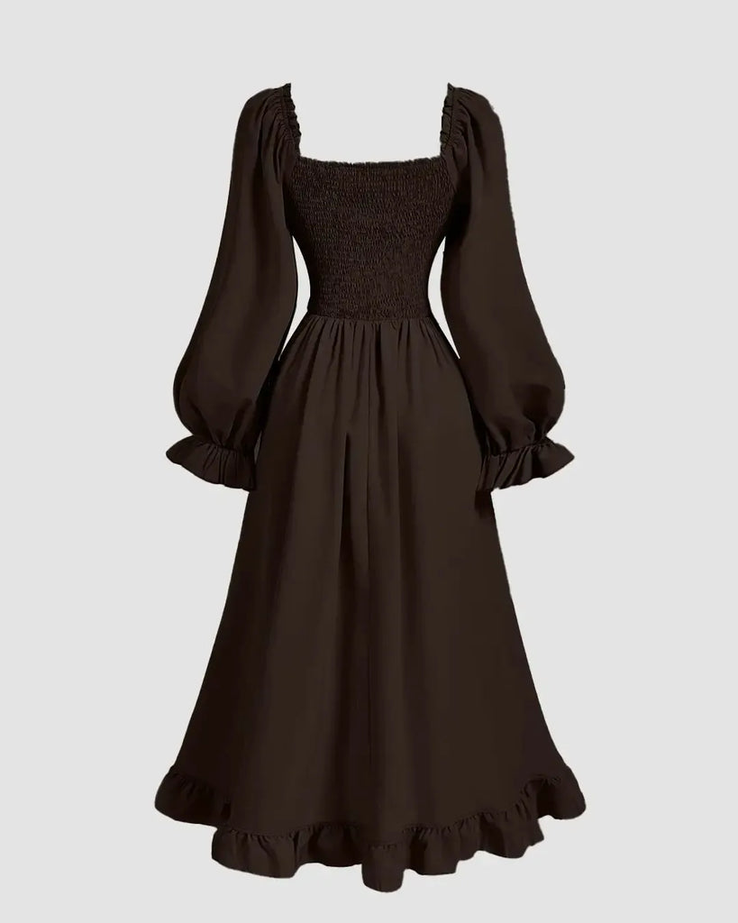Vintage Puff Sleeve Drawstring Ruffle Long Dress - Littlebox India Vintage Puff Sleeve Drawstring Ruffle Long Dress - Littlebox India