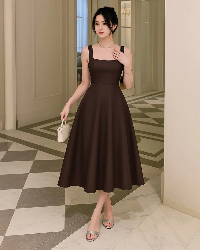 Backless criss-cross bow design flared dress in chocolate, featuring a square neckline and playful detailing for a flattering look.
