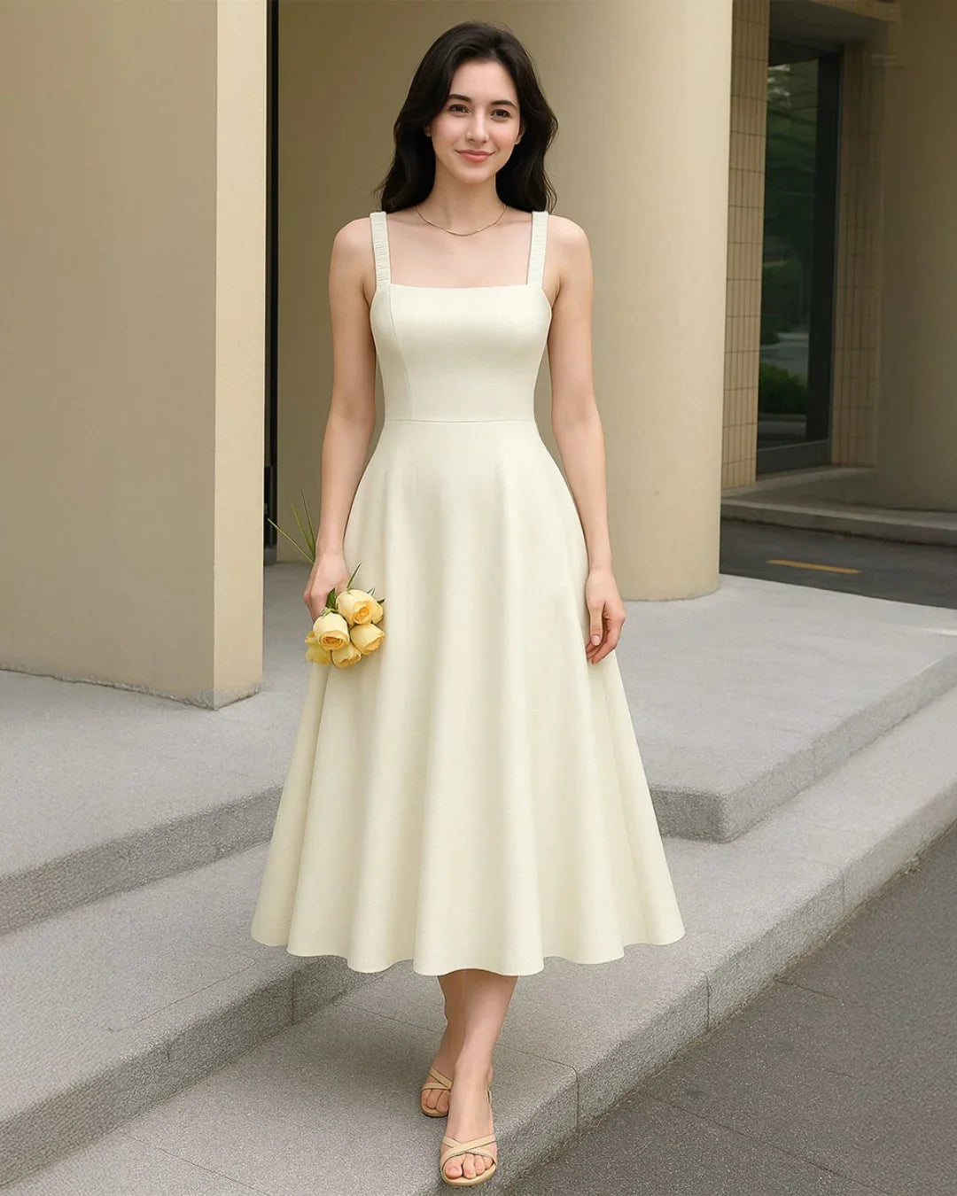 Criss-Cross Design Flared Dress In Off-White - Littlebox India Criss-Cross Design Flared Dress In Off-White - Littlebox India
