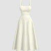 Backless Criss-Cross Bow Design Flared Dress In Off-White Front View for Women | Littlebox India