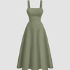 Backless Criss-Cross Bow Design Flared Dress In Herbal Green Front View for Women | Littlebox India